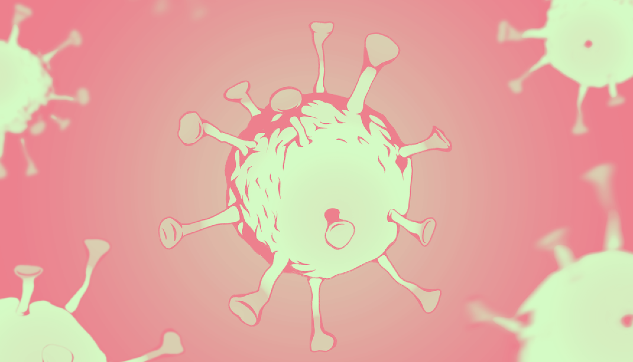 A SARS-CoV-2 virus, depicted in neon green against a peach background