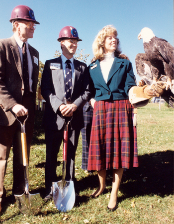 he Raptor Center cofounders Dr. Gary Duke and Dr. Pat Redig joined education coordinator Daisy Ritter and Leuc at the groundbreaking ceremony for the Gabbert Raptor Center on October 2, 1987.