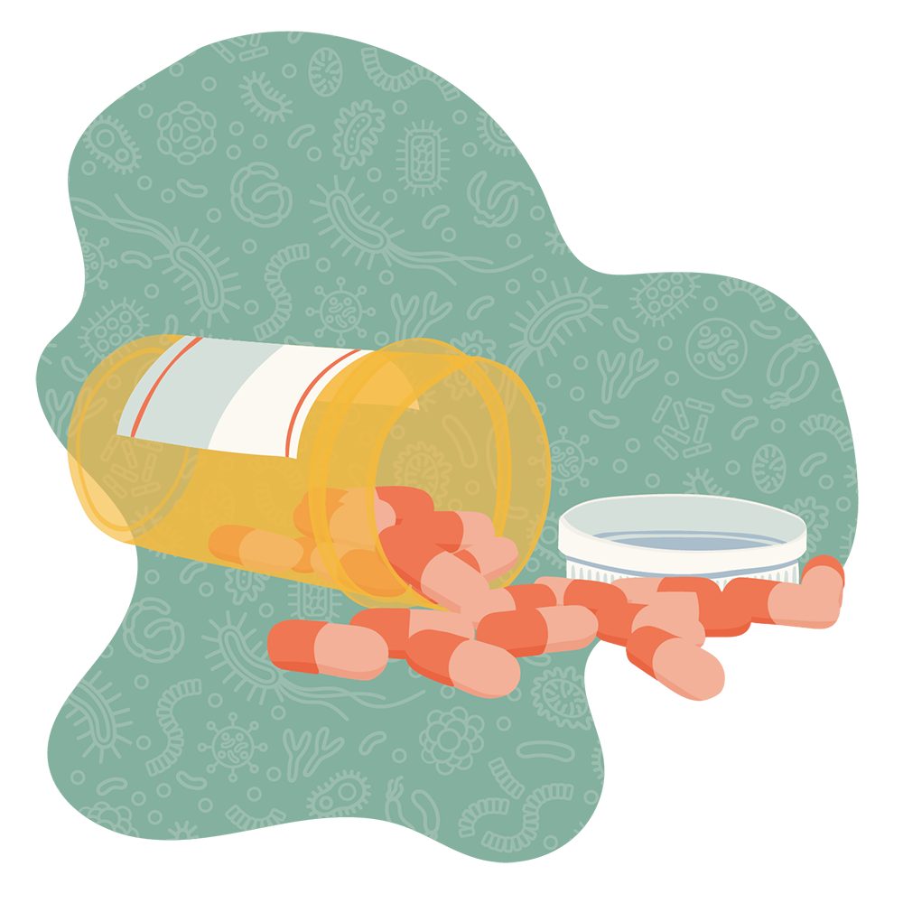 illustration of a pill bottle tipped over with pills coming out