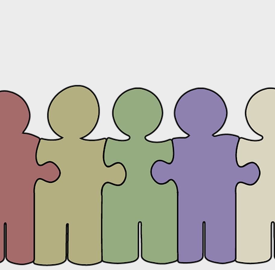 Illustrated people-shaped figures stand side-by-side connected like puzzle pieces at the arms. They are multi-colored. 