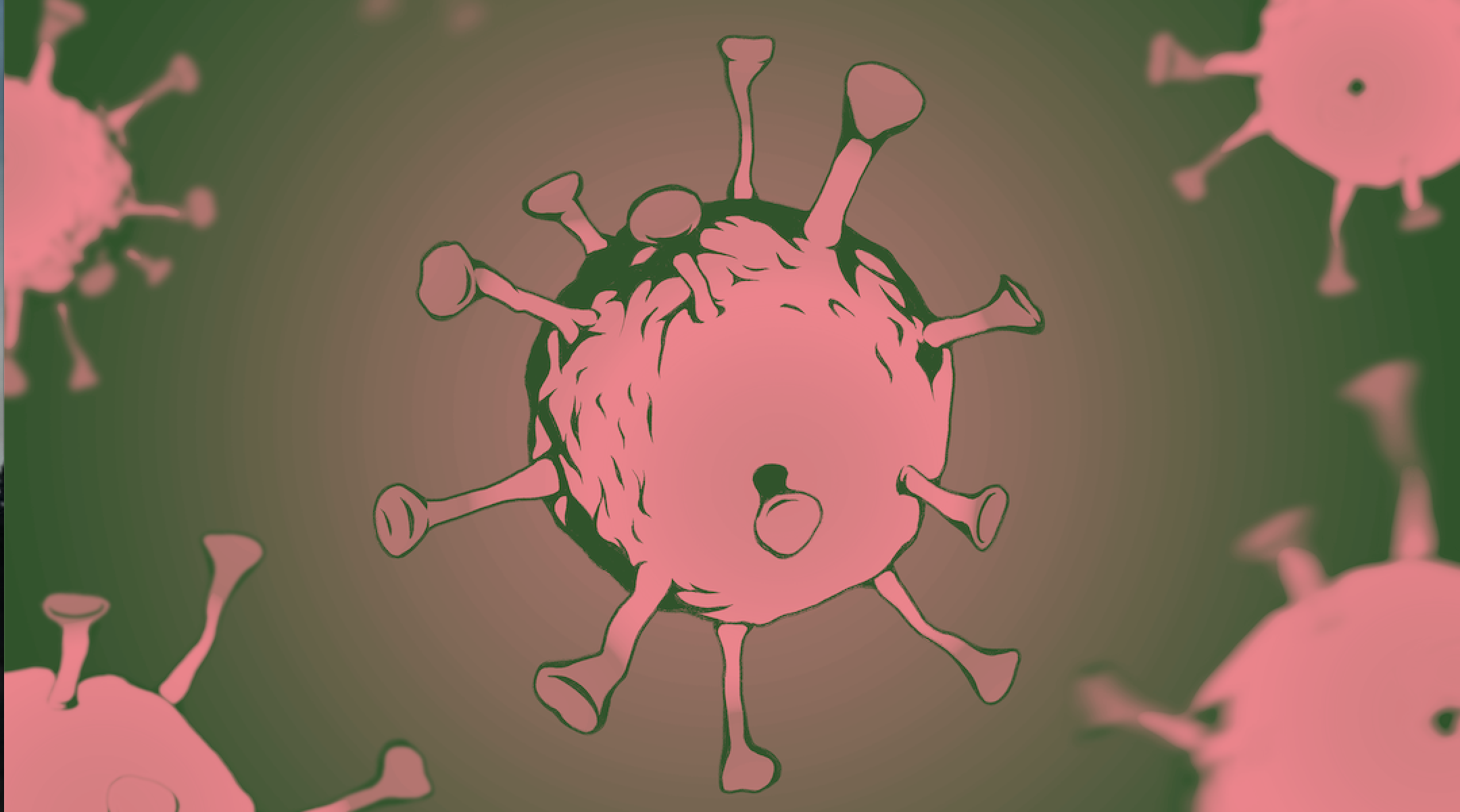 A SARS-CoV-2 virus, depicted in pink against a green background