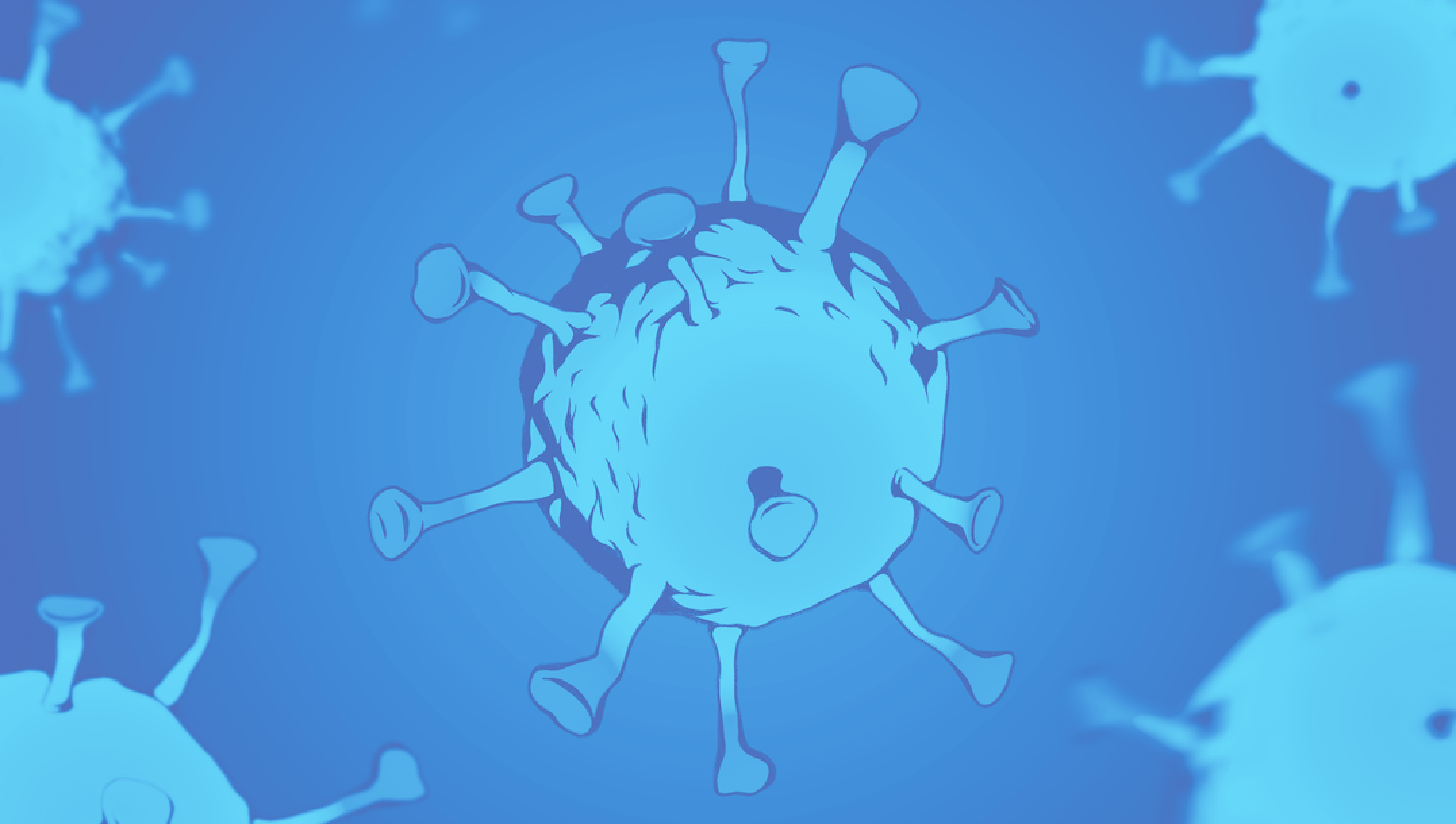 A SARS-CoV-2 virus, depicted in light blue against a royal blue background