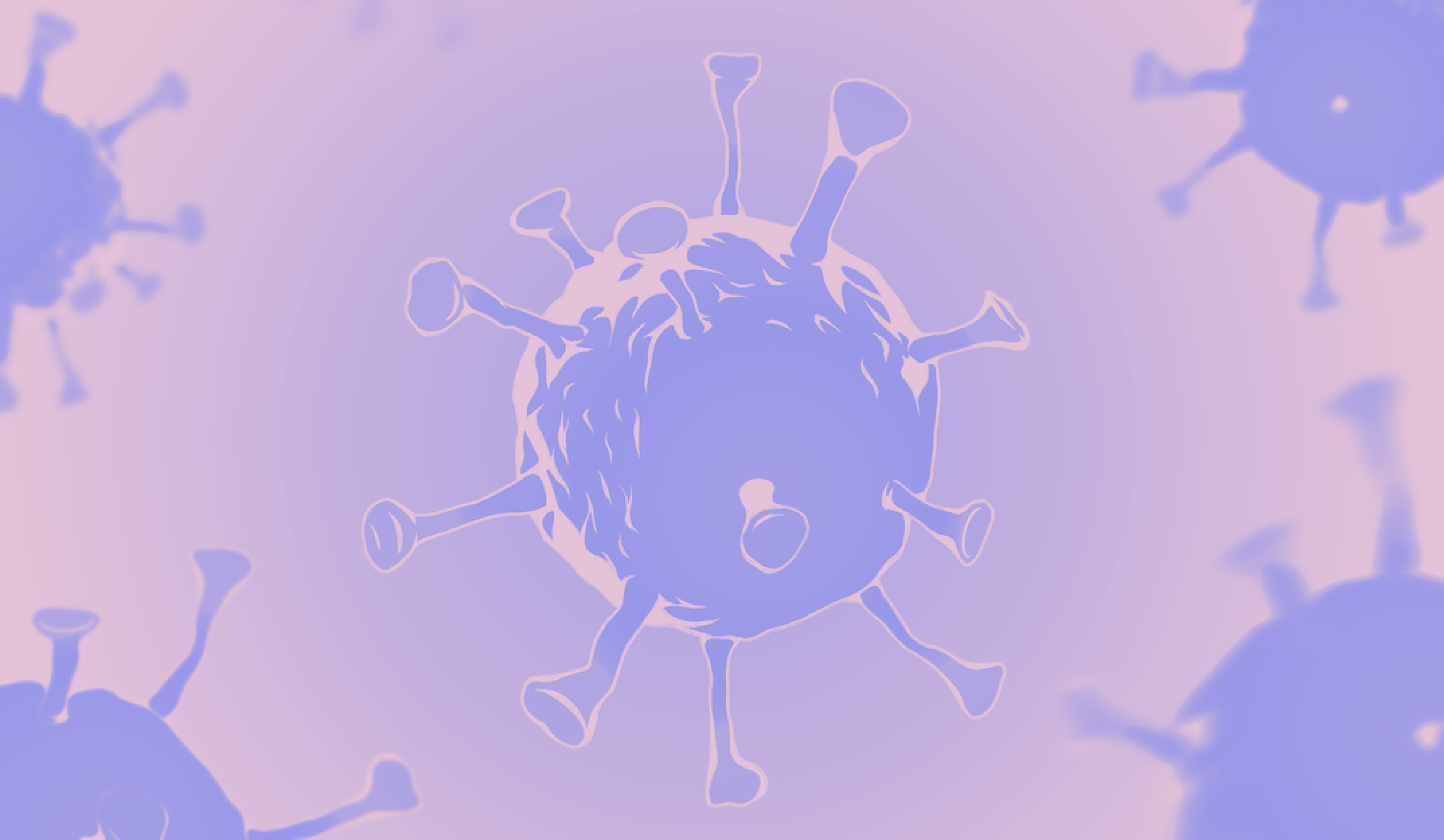 A SARS-CoV-2 virus, depicted in purple against a pink background
