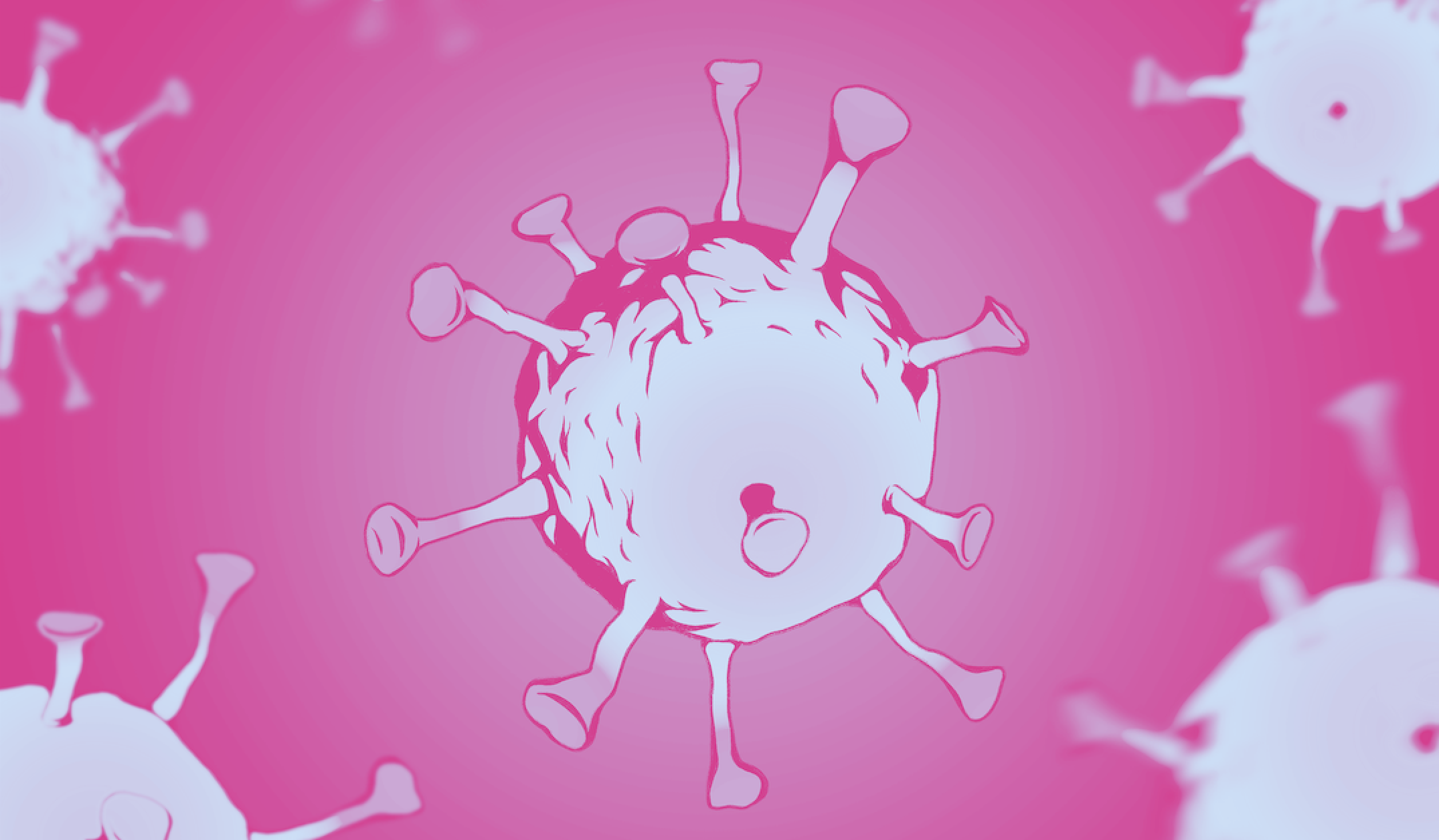 A SARS-CoV-2 virus, depicted in lilac against a magenta background