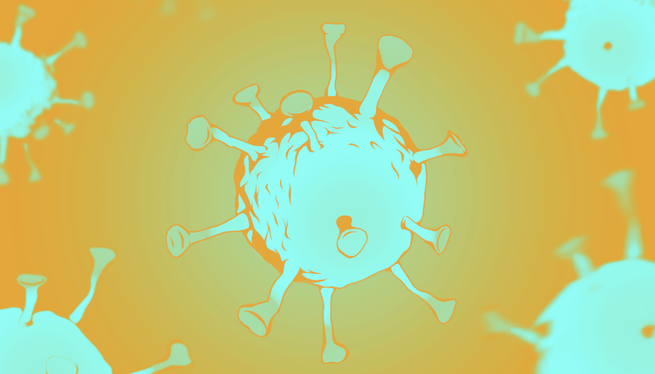 A SARS-CoV-2 virus, depicted in neon blue against a mustard yellow background