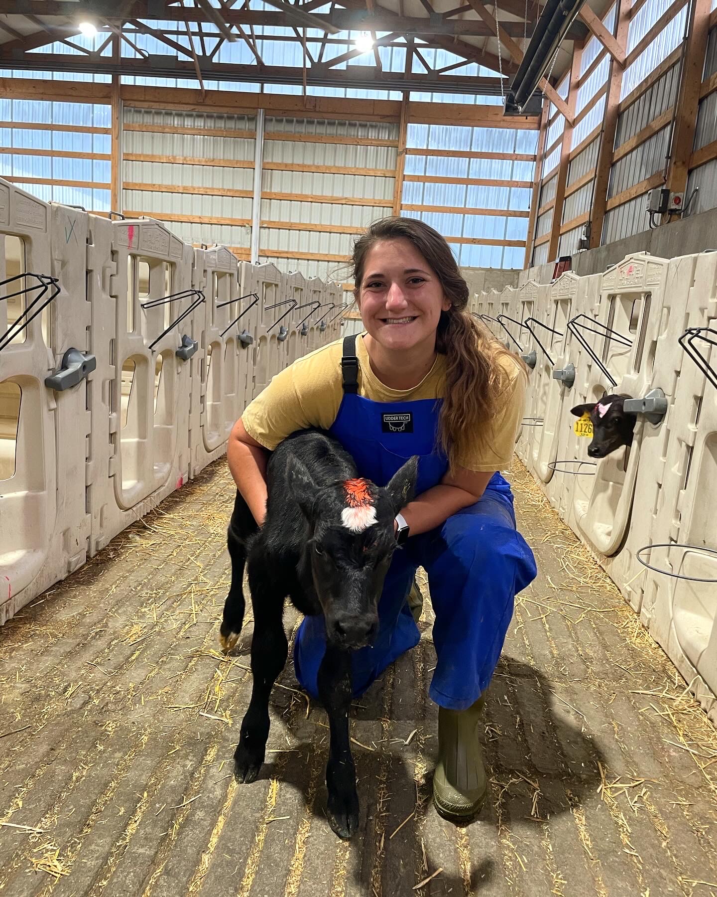 Second-year veterinary student Destiny Smith holds a calf at a farm near Hutchison, Minn., where she studied the impact of additional colostrum feeding in newborn cattle. 