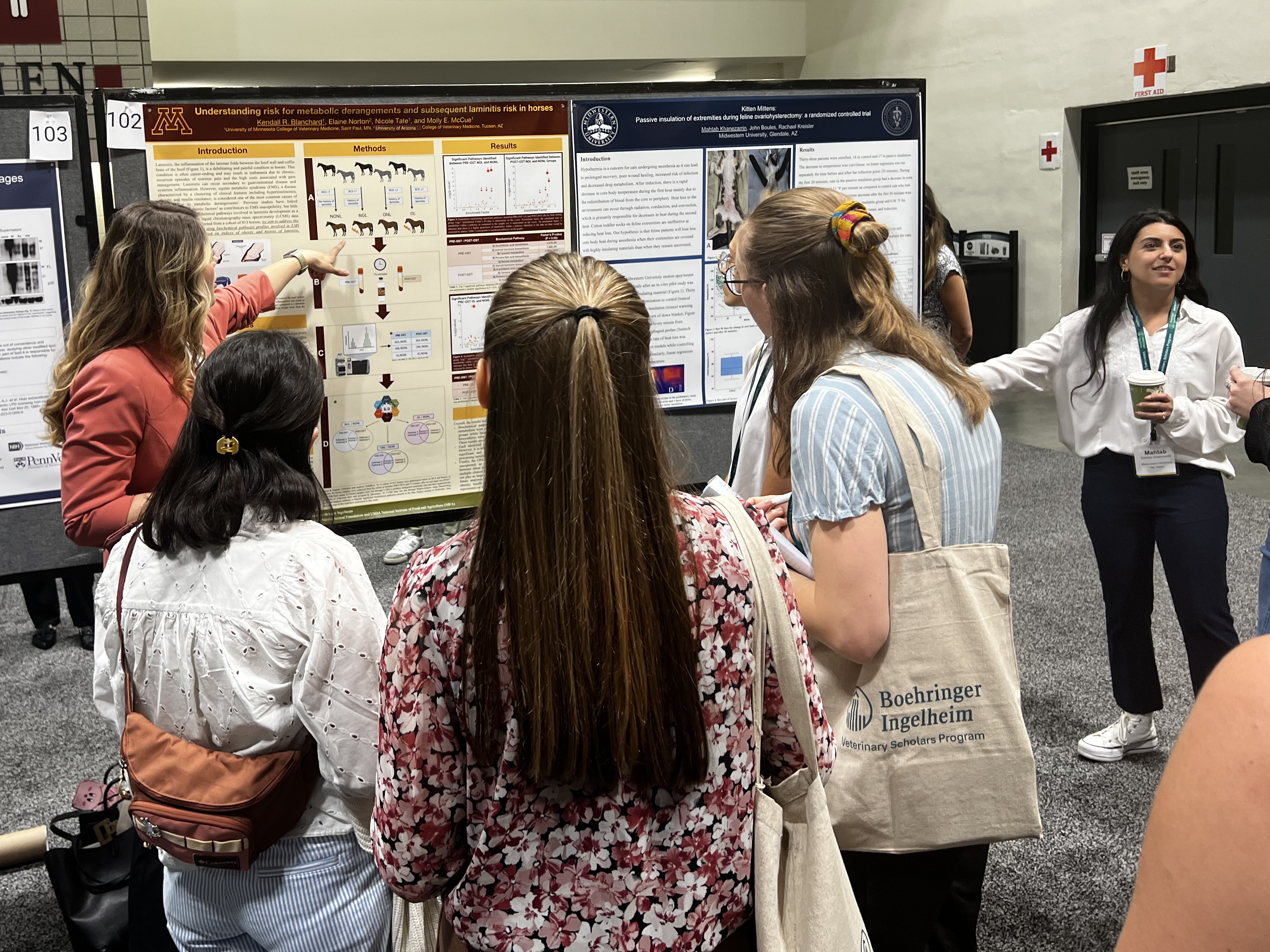 Veterinary Scholar Kendall Blanchard walks a crowd through her research poster on the potential link between metabolic complications and laminitis in horses. 