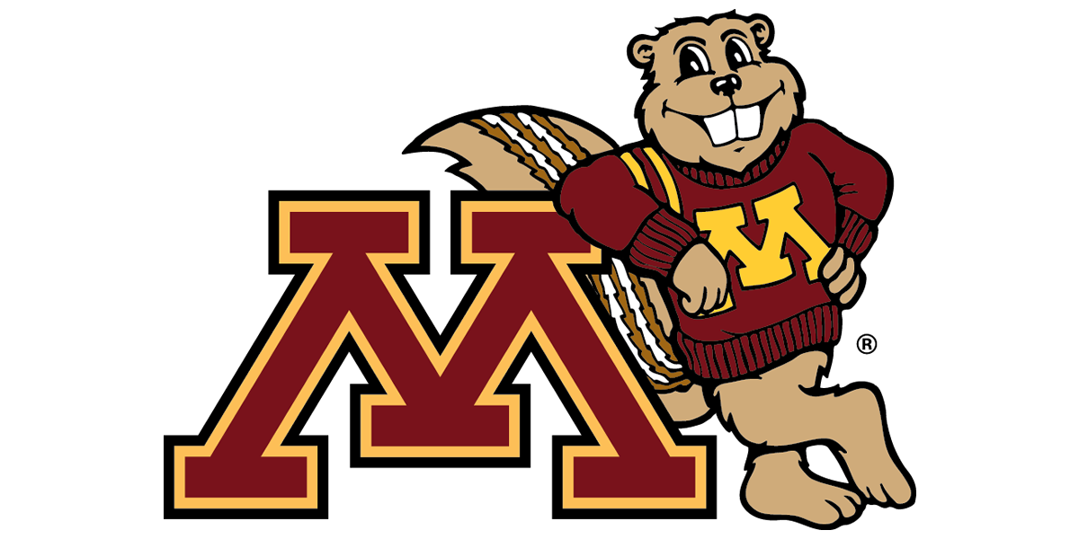 Goldy Gopher leaning on the block M from the University of Minnesota logo
