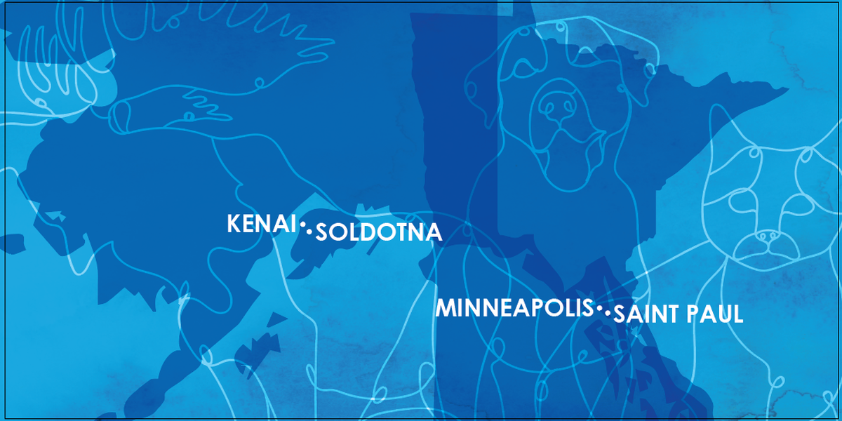 An illustration of Alaska (left) and Minnesota (right) overlapping against a watercolor blue background. The cities of Soldotna, Kenai, Minneapolis, and St. Paul are identified with white dots and text. Outlines of a moose, dog, and cat are overlaid across the top.