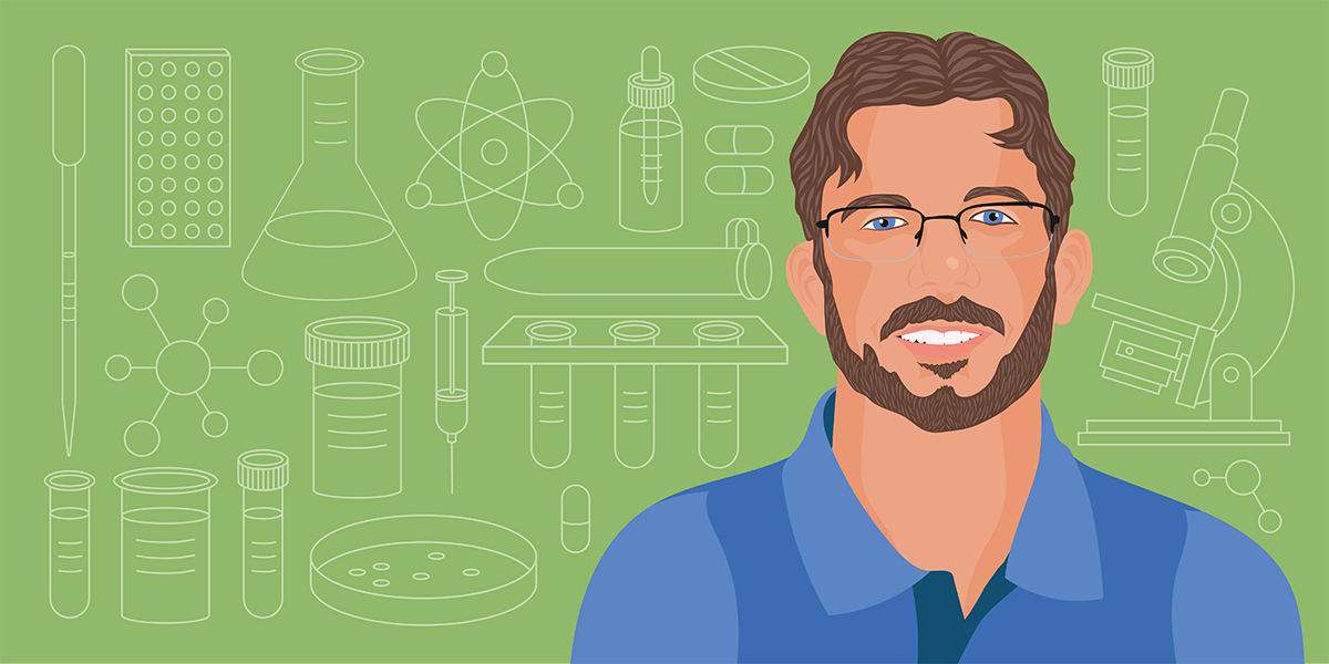 An illustration of Aric Frantz against a background of scientific equipment