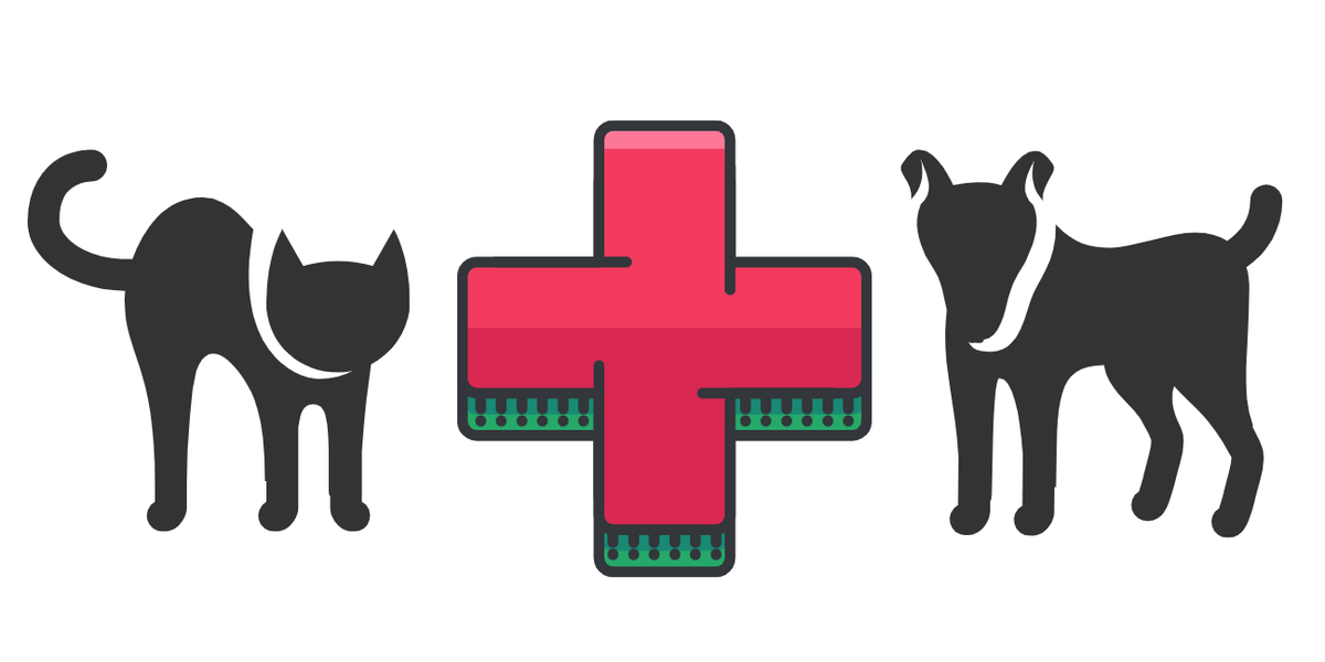 An illustration of a cat, a red cross symbol, and a dog