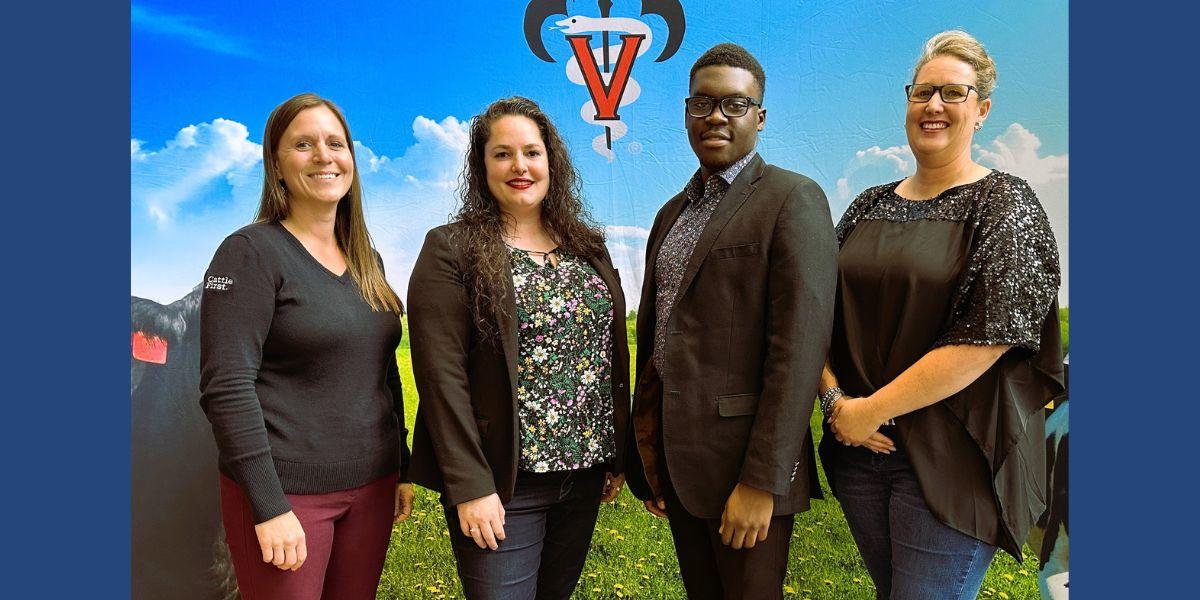 (Left to right) AABP Diversity, Equity and Inclusion Committee Chair Dr. Jen Roberts, College of Veterinary Medicine DVM student Cristina Blanco-Ruiz , Oluwatimileyin (Tim) Aborlarin (The Ohio State), AABP Foundation Chair Dr. Becky Funk. 