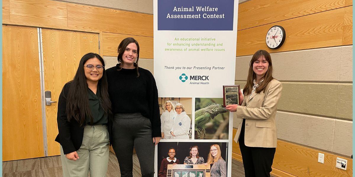 College of Veterinary Medicine DVM students Esther Lam, Saree Shogren, and Shyanne Hall competed in the Fall 2023 Animal Welfare Assessment Contest. 