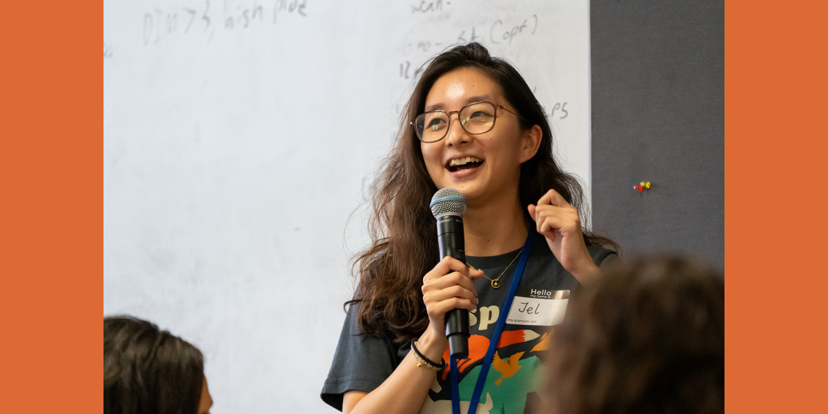 DVM student Jel Zhao speaks at the DEI Black, Indigenous, Students of Color Welcome luncheon held in August 2023 at the College of Veterinary Medicine.