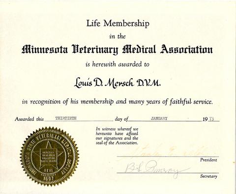 Louis Mersch's MVMA life membership certificate, dated January 1973