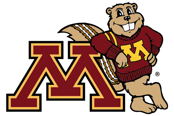 Goldy Gopher leaning on the block M from the University of Minnesota logo
