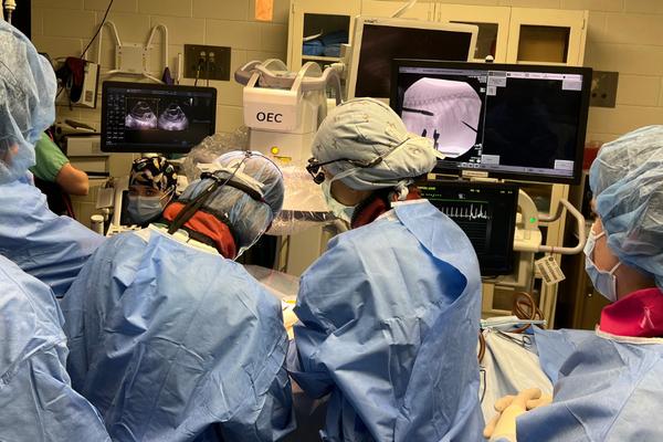 Clinicians perform a cardiac procedure