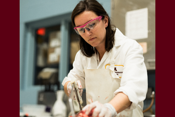 Dr. Alexandra Armstrong cuts an animal skull with a saw during a necropsy. 