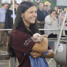 Vet student Sarah Sider holds a piglet