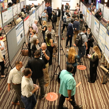 People walk through research poster displays